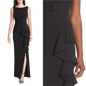 Eliza J Black Cascading Ruffle Front Sleeveless Evening Gown Size 8 NWT